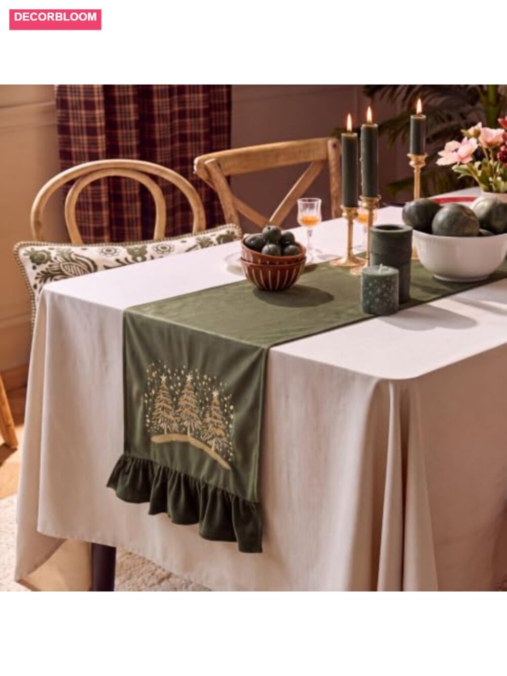 Velvet Table Runner Ruffled Embroidered Tree 13x72 - Picture 5 of 6
